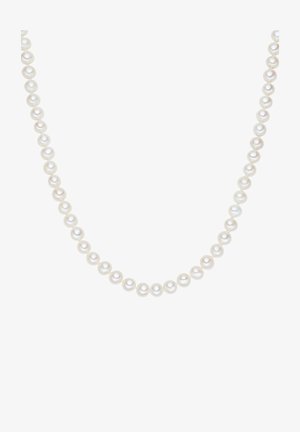 Perlenkette mit gleichmäßig verteilten, runden, weißen Perlen mit glänzender Oberfläche und glatter Textur, entworfen für klassische Eleganz.