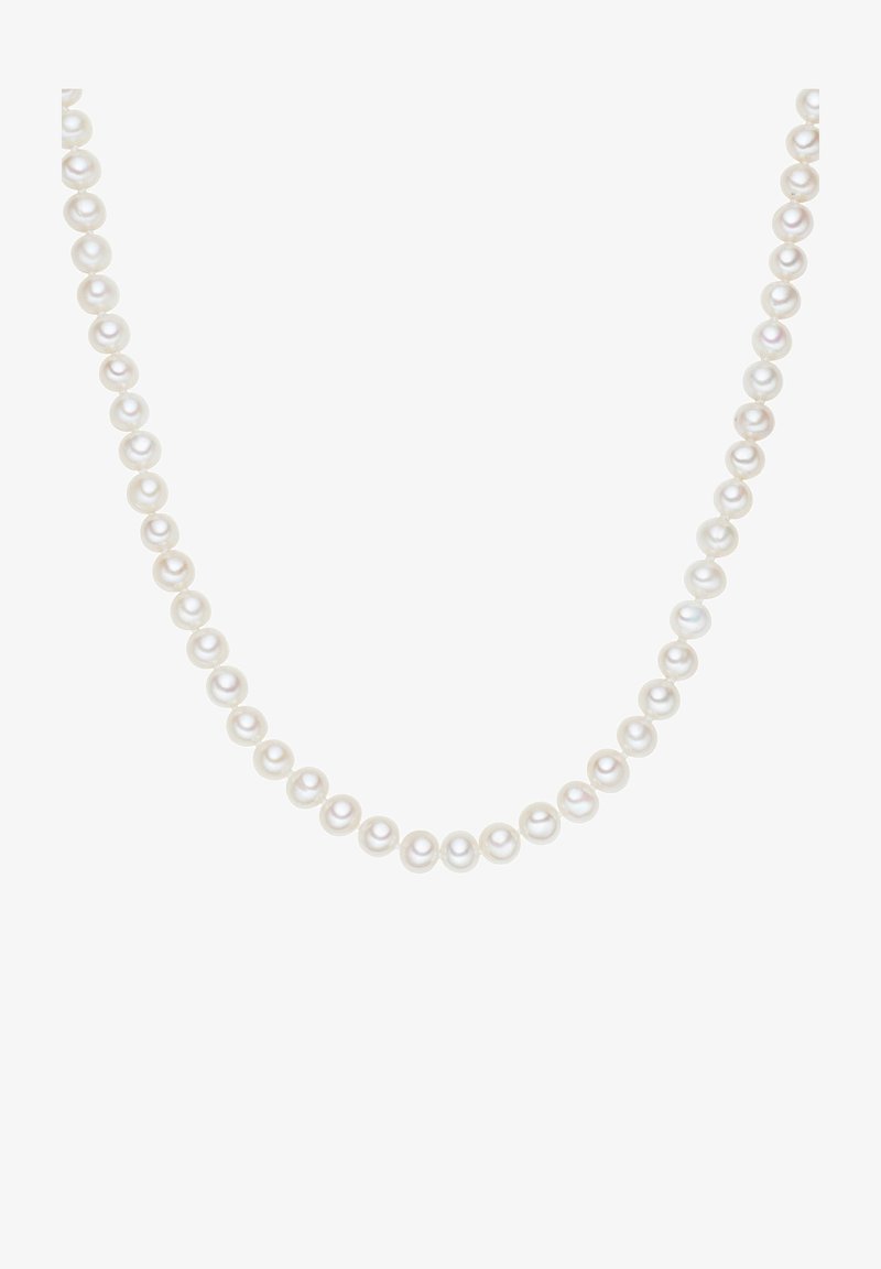 Naszyjnik z pereł, składający się z równomiernie rozmieszczonych, okrągłych, białych pereł o błyszczącym wykończeniu i gładkiej fakturze, zaprojektowany z myślą o klasycznej elegancji.