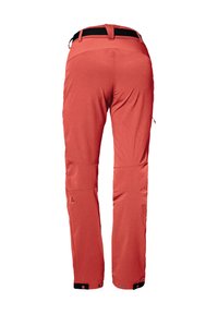 Pantalons d'extérieur rouges à coupe droite, avec une taille ajustable, des fermetures éclair latérales et des détails noirs contrastants aux chevilles. Tissu respirant.