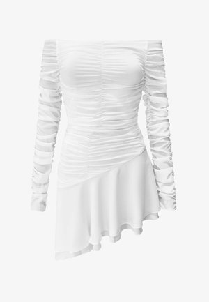 Vestido blanco de un solo hombro con mangas largas arrugadas, cuerpo arrugado y dobladillo de falda asimétricamente con capas.