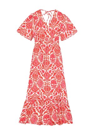 Maxi-jurk met korte, gerimpelde mouwen in een rood en roze bloemenpatroon. Heeft een V-halslijn en een gathered taille voor een vloeiende silhouet.