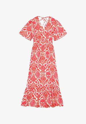 Maxi-jurk met korte, gerimpelde mouwen in een rood en roze bloemenpatroon. Heeft een V-halslijn en een gathered taille voor een vloeiende silhouet.