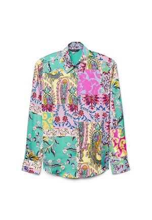 Colorful long-sleeve shirt with a patchwork design featuring paisley and floral patterns in turquoise, pink, yellow, and cream.