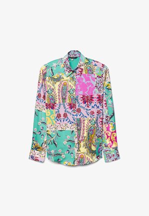 Colorful long-sleeve shirt with a patchwork design featuring paisley and floral patterns in turquoise, pink, yellow, and cream.
