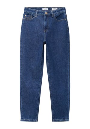 Blauwe, hooggetailleerde, rechte spijkerbroek met voor- en achterzakken, knoopsluiting en riemlussen op een witte achtergrond.