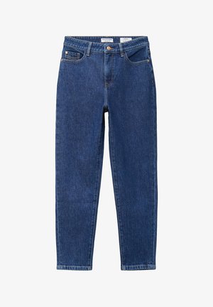 Blauwe, hooggetailleerde, rechte spijkerbroek met voor- en achterzakken, knoopsluiting en riemlussen op een witte achtergrond.