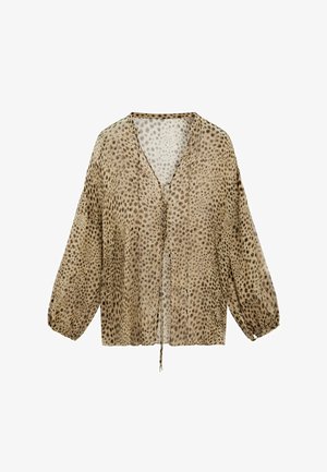 Damska bluzka z długim rękawem w beżowo-brązowy wzór w panterkę, z dekoltem w serek, marszczonymi mankietami i wiązaniem z przodu.
