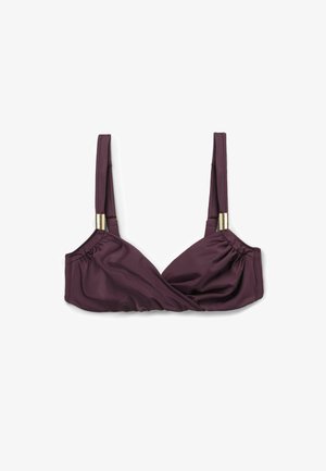 Purple bikini top with a textured fabric, featuring diagonal pinch detail, adjustable straps, and gold-tone hardware accents.