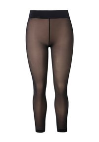 Czarne, przezroczyste legginsy z szerokim pasem, gładką fakturą, półprzezroczystym materiałem i długością do kostek. Posiadają detal w postaci środkowego szwu.