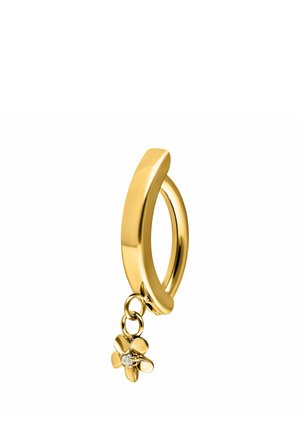 Gold hoop earring with a small dangling flower charm featuring a clear stone in the center on a white background.