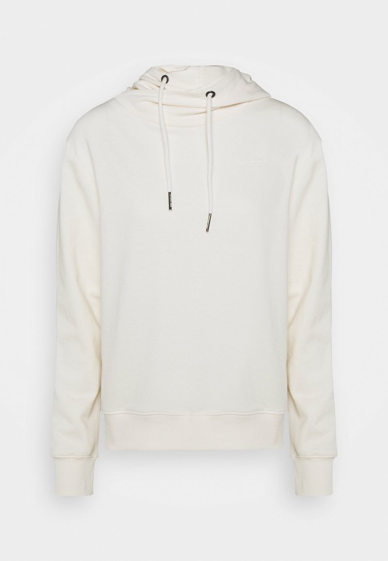Krämsfärgad hoodie gjord av mjukt material. Har snörning i halsen, elastiska muddarna och en avslappnad passform. Diskret varumärke på bröstet.