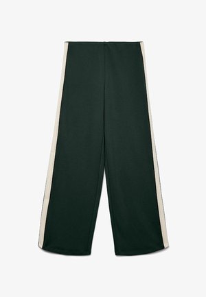 Pantalon large vert foncé avec des bandes blanches sur les côtés, devant plat et sans poches visibles, posé à plat sur fond blanc.