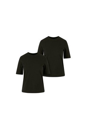 Deux T-shirts à manches courtes en coton noir foncé, avec un col rond et un design simple sans motifs ni accents.
