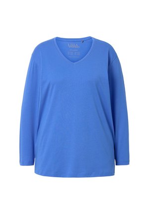 Chemise bleu à manches longues et décolleté en V, fabriquée en tissu doux. Présente une coupe décontractée et une texture lisse, sans motifs ni accents visibles.