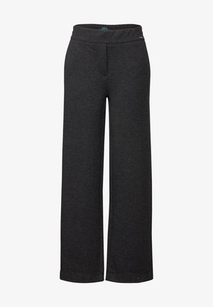 Schwarze, weit geschnittene Hosen aus weichem Stoff mit einem dehnbaren Bund. Sie verfügen über eine glatte, strukturierte Oberfläche und ein dezentes, gesprenkeltes Muster.