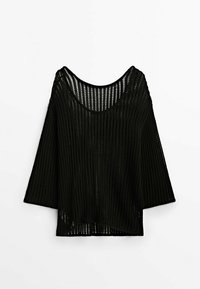 Zwarte, gebreide top met een losse pasvorm, een brede halslijn en driekwart mouwen. Heeft een opengeweven structuur en een gebogen zoom.