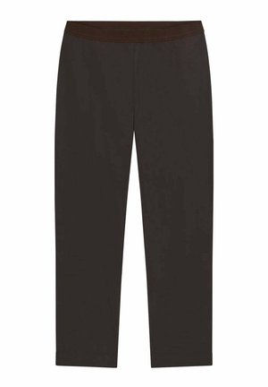 Pantalon droit marron foncé avec taille élastique, longueur genou, sans poches apparentes ni ornements.