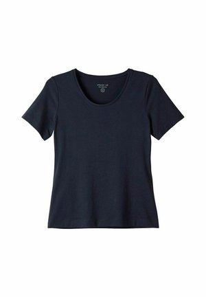 Marineblauw T-shirt met korte mouwen en ronde hals, gemaakt van zachte, gladde stof. Voorzien van een label met logo aan de binnenkant van de halslijn.