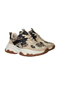 Chunky sneakers met een beige en zwarte luipaardprint, metallic gouden accenten en een witte rubberen zool met een gestructureerde bruine profiel.