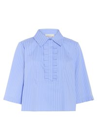 Light blue button-up blouse with vertical white stripes, collar, and a pleated front panel. Three-quarter length sleeves with cuff detail.