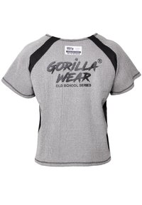 Grijze gestreepte t-shirt met zwarte accenten, ronde halslijn en korte mouwen. Bevat een 'GORILLA WEAR' opdruk in zwart. Lichtgewicht stof.