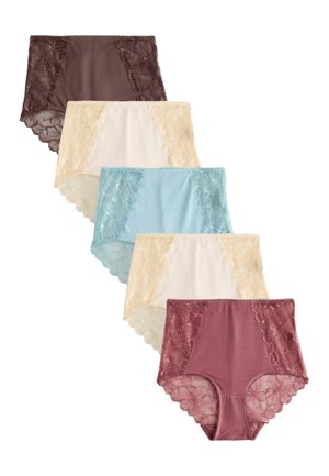 Päť dámskych nohavičiek s vysokým pásom v hnedej, krémovej, modrej, krémovej a fialovej farbe s čipkovými kvetinovými bočnými panelmi a vlnitými okrajmi.