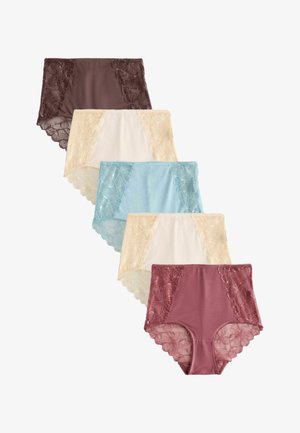 Öt magas derekú női bugyi barna, krémszínű, kék, krémszínű és mályva színben, csipkés virágmintás oldalpanelekkel és hullámos szélű kivitelben.