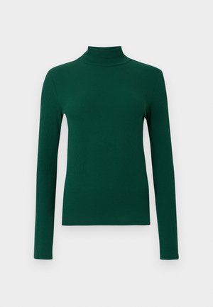 Grøn langærmet turtleneck top lavet af ribbet stof. Tætsiddende design med en høj halsudskæring og lige kant. Ensfarvet uden mønstre.