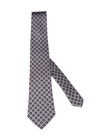 Grijze stropdas met herhalend klein ruitpatroon in donkerbruin en wit, plat gelegd op een witte achtergrond.