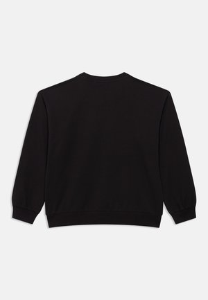 Črna jopa nazaj, s posadkim izrezom, dolgimi rokavi z rebrastimi manšetami in enostavno, teksturirano tkanino.