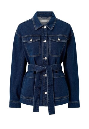 Donkerblauwe spijkerjas met lange mouwen, een knoopsluiting aan de voorkant, twee borstzakken, twee lagere zakken en een bijpassende stoffen riem die in de taille is gestrikt.