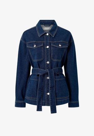 Donkerblauwe spijkerjas met lange mouwen, een knoopsluiting aan de voorkant, twee borstzakken, twee lagere zakken en een bijpassende stoffen riem die in de taille is gestrikt.