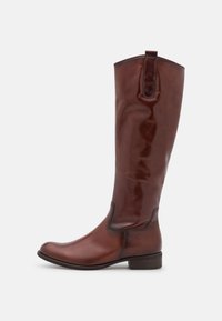 Botte haute en cuir marron avec bout arrondi, languette de tirage en haut, petit talon empilé et finition lisse et polie sur fond blanc uni.