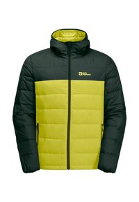 Giacca isolante con un design a blocchi di colore giallo brillante e verde scuro. Presenta un cappuccio, una chiusura lampo frontale e tasche laterali. Realizzata in tessuto testurizzato.