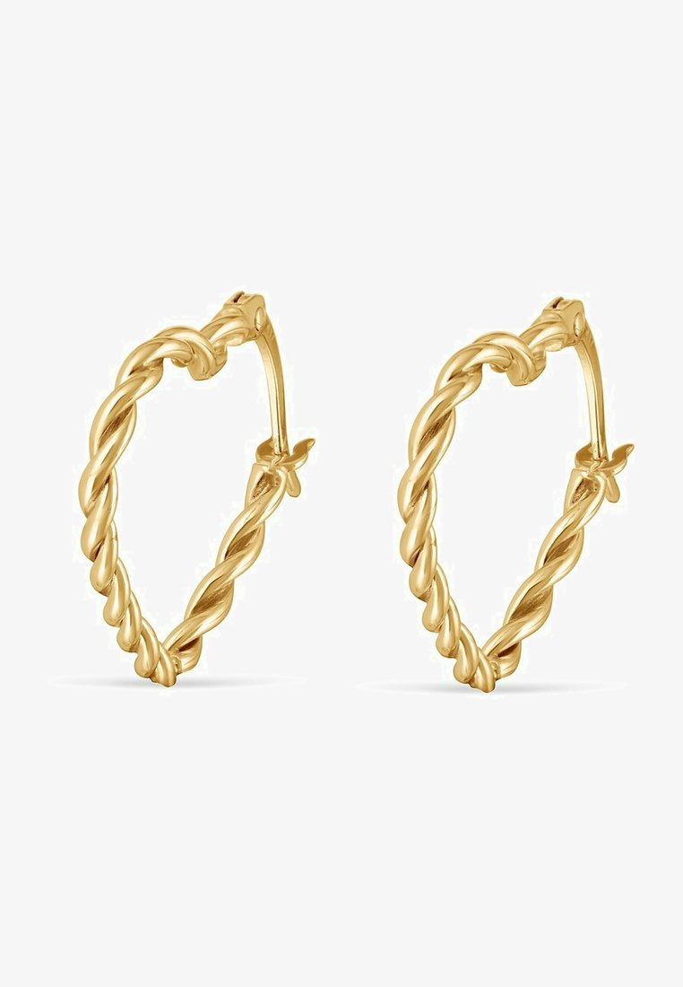 Goldene Creolen mit einem gedrehten Design. Glatte Oberfläche mit einem sicheren Verschluss. Rundform mit einer kleinen Öffnung zum Tragen.