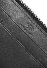 Black leather wallet featuring a textured surface, a silver zipper, and an RFID safe logo embossed on the material.
