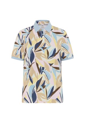 Polo a maniche corte con colletto e polsini azzurri, caratterizzata da un motivo astratto multicolore a foglie in beige, blu, marrone e giallo.