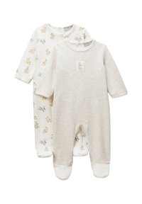 Deux bodies pour bébé : l'un avec un fond blanc et des animaux illustrés, l'autre en beige doux avec une poche à rabat et un col arrondi.