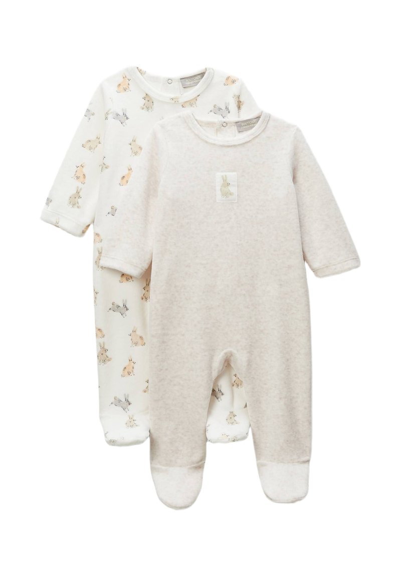 Deux bodies pour bébé : l'un avec un fond blanc et des animaux illustrés, l'autre en beige doux avec une poche à rabat et un col arrondi.