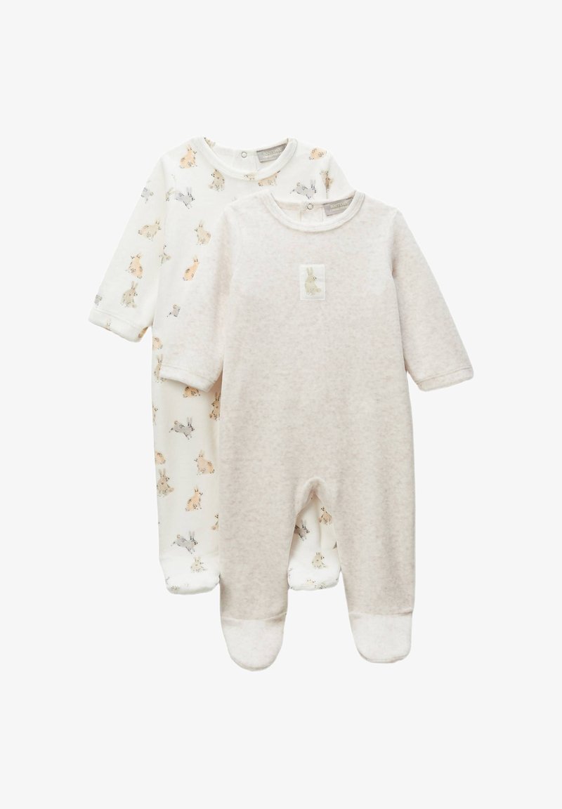 Deux bodies pour bébé : l'un avec un fond blanc et des animaux illustrés, l'autre en beige doux avec une poche à rabat et un col arrondi.