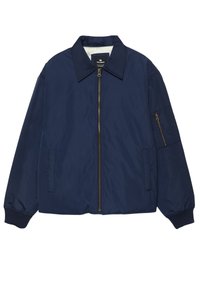 Námořnicky modrá bunda na zip s límcem, dvěma předními kapsami, žebrovanými manžetami a zipovou kapsou na levém rukávu.
