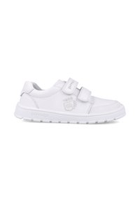 Zapatillas blancas de cuero liso con dos correas de Velcro, suela de goma texturizada y un sutil logotipo grabado en el lateral.