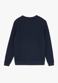 Felpa blu navy, girocollo, maniche lunghe, tessuto morbido, colore uniforme, senza motivi o stampe visibili, polsini e orlo a coste.