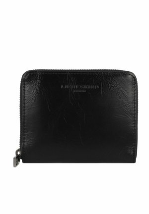 Portefeuille en cuir noir avec une finition texturée, équipé d'une fermeture éclair et d'un logo de marque embossé à l'avant. Forme rectangulaire.