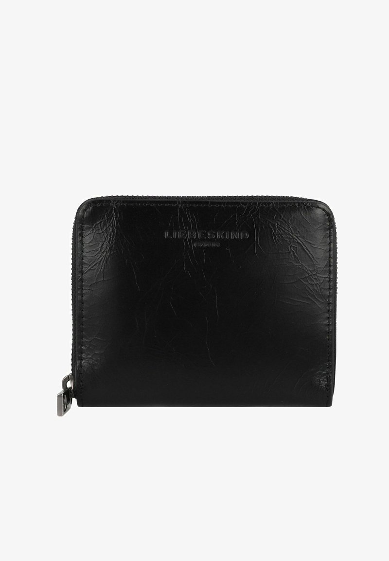 Black leather wallet with a textured finish, featuring a zipper closure and embossed brand logo on the front. Rectangular shape.