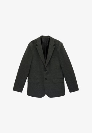 Donkergrijs enkelrijks colbert met inkeping revers, twee zwarte knopen en klepzakken, plat gelegd op een witte achtergrond.