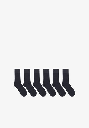 Ciemnoniebieskie bawełniane skarpetki, zestaw sześciu, charakteryzujące się gładką teksturą i jednolitym kolorem z kontrastowym ściągaczem na górze.