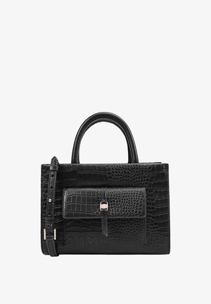 Zwarte handtas van krokodillenprint met een gestructureerd ontwerp, bovenhandvaten, afneembare schouderriem en een voorste flapzak met een sluiting.