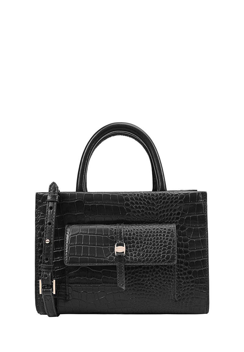 Zwarte handtas van krokodillenprint met een gestructureerd ontwerp, bovenhandvaten, afneembare schouderriem en een voorste flapzak met een sluiting.