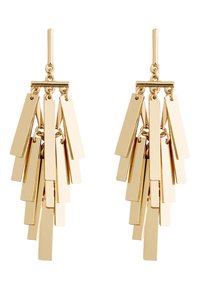 Örhängen i guldton med flera rektangulära metallbitar arrangerade i en kaskadliknande design, med en slät yta och glänsande textur.